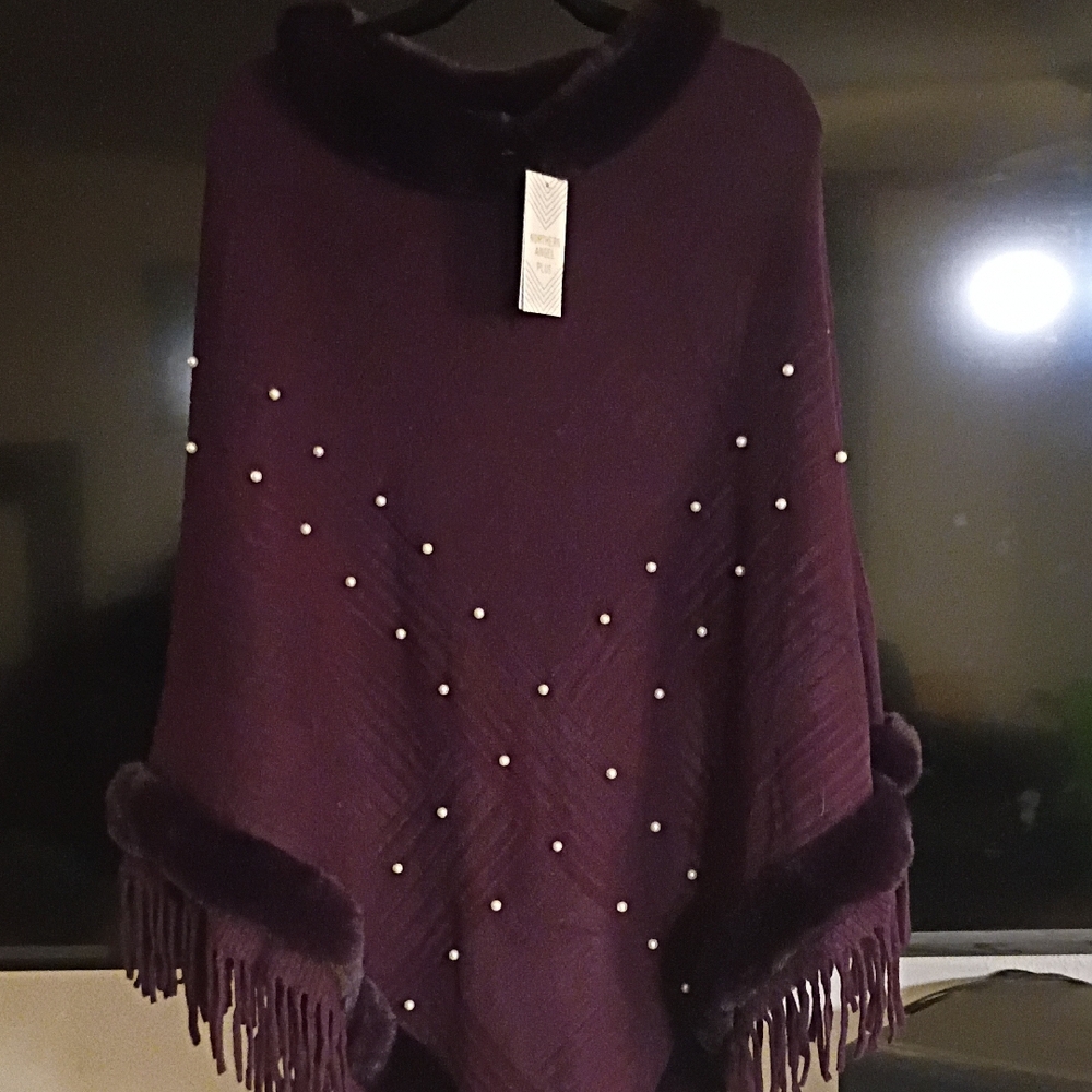 Elegant Purple Poncho with Rhinestone Accents and Fringe